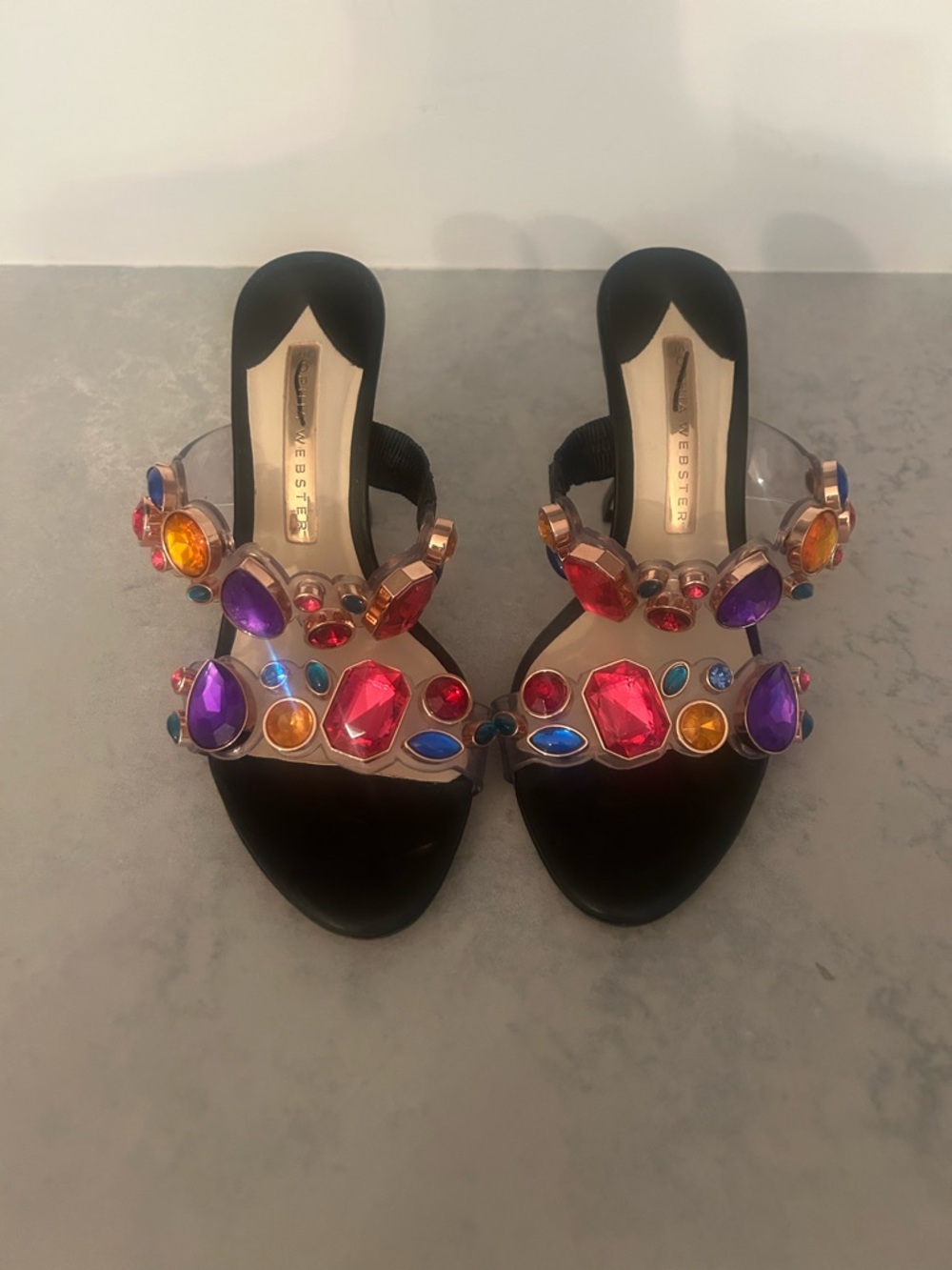 Sophia Webster Black Jewel Embellished Slide Mules with Multicolor Gems